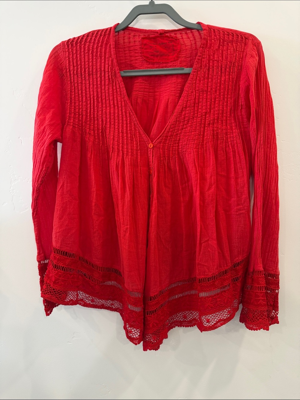 EUC Vintage Johnny Was Red V-Neck Crochet-Hem Tunic